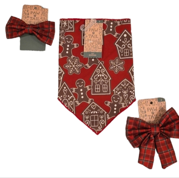 PAW & TAIL RED & BROWN GINGERBREAD MAN PET BANDANA, PLAID BOW TIE, BOW BUNDLE - Picture 1 of 14